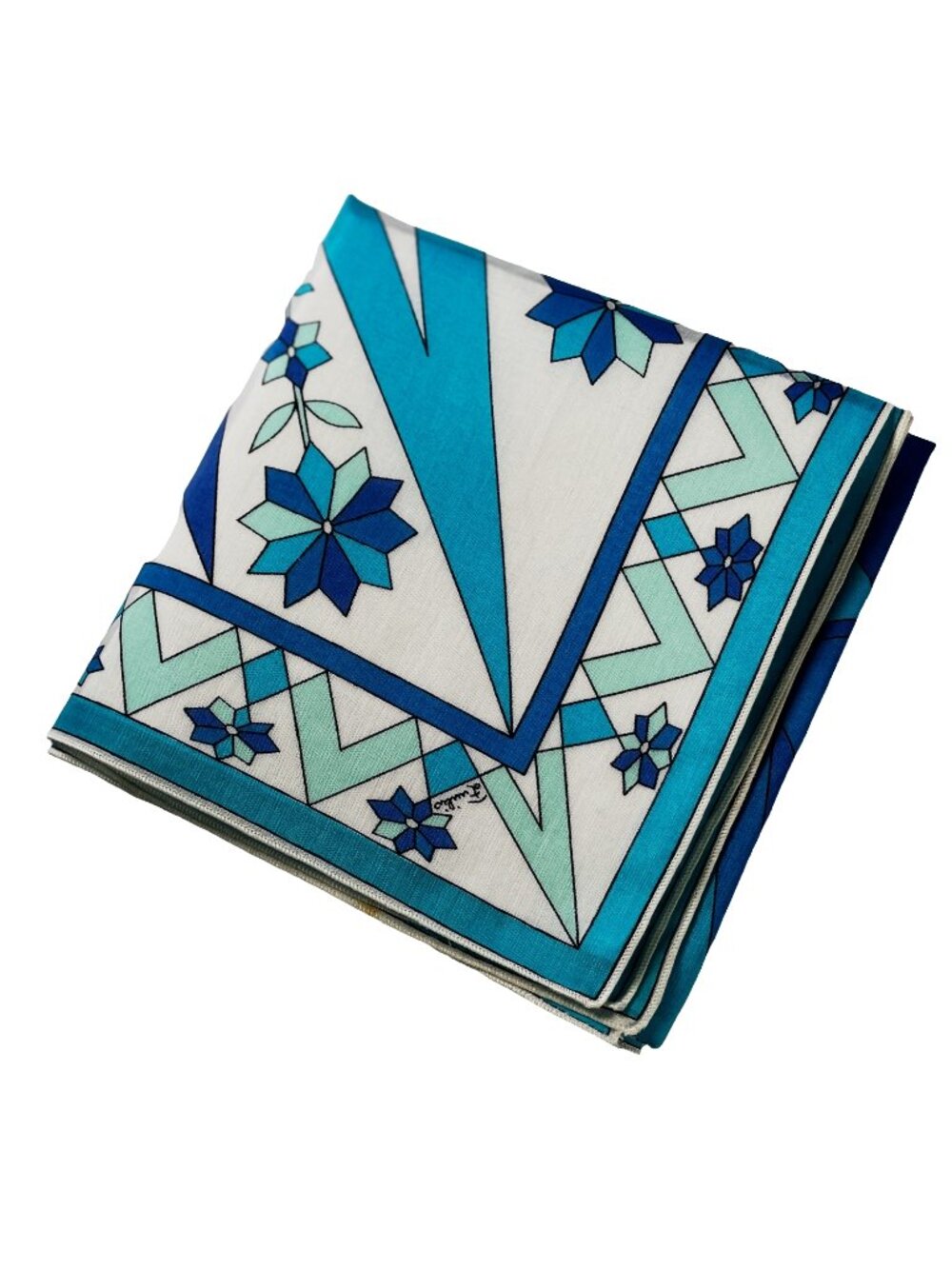 Vintage Emilio Pucci Cotton Scarf Made in Italy Blue Floral Geometric 67 x 69 cm